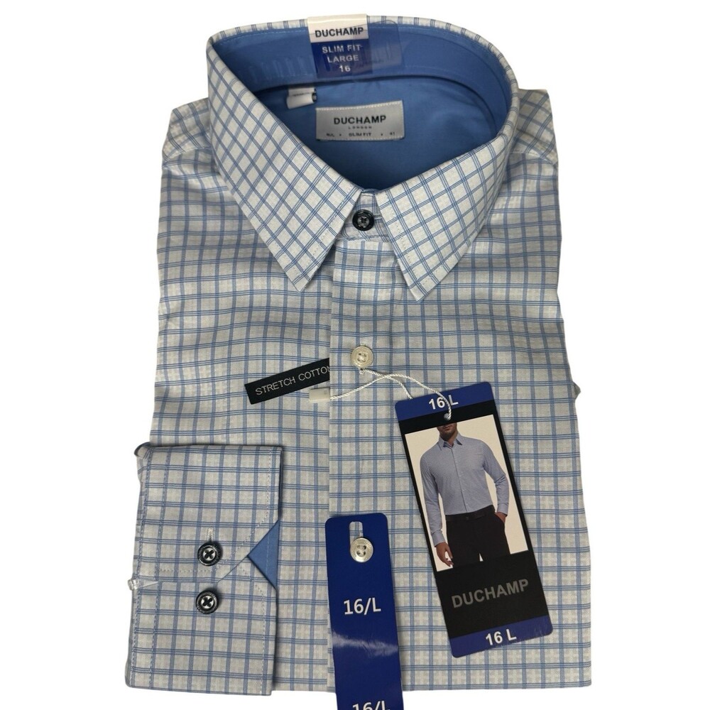 Duchamp London Mens Dress Shirt Size 16 Large Blue Shirt Slim Fit Cotton Stretch